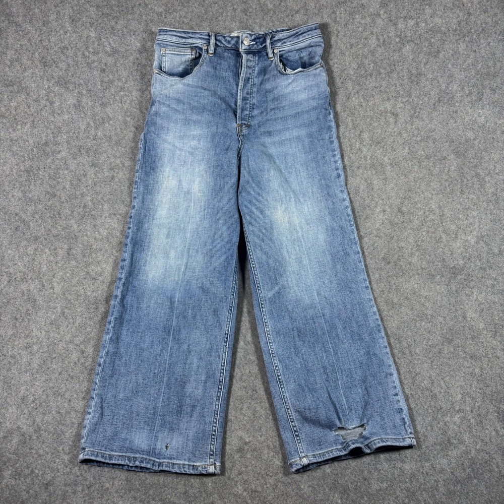 Free People Jeans Women 30 Blue Wide Leg High Rise Button Fly Distressed Barrel
